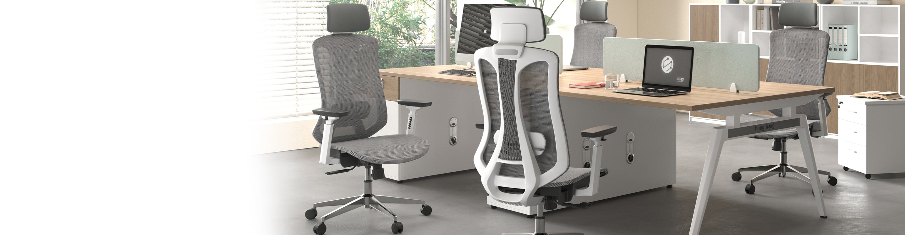 4 white back with grey mesh office chairs, with a meeting desk, 2 computers on the desk