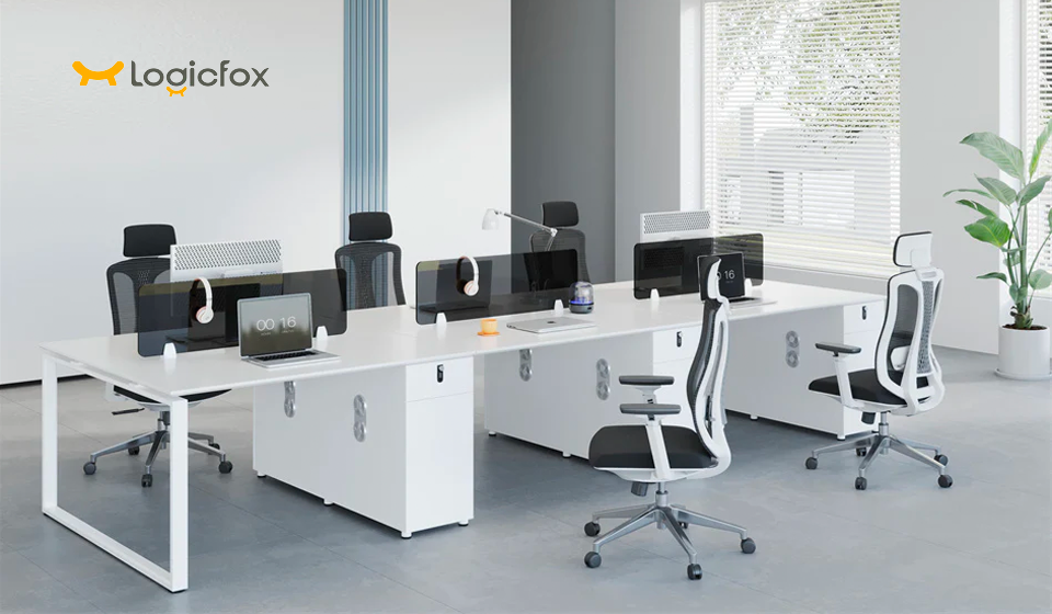 a worplace scene with 5 ergonomic chairs and cabinets next to the office desk